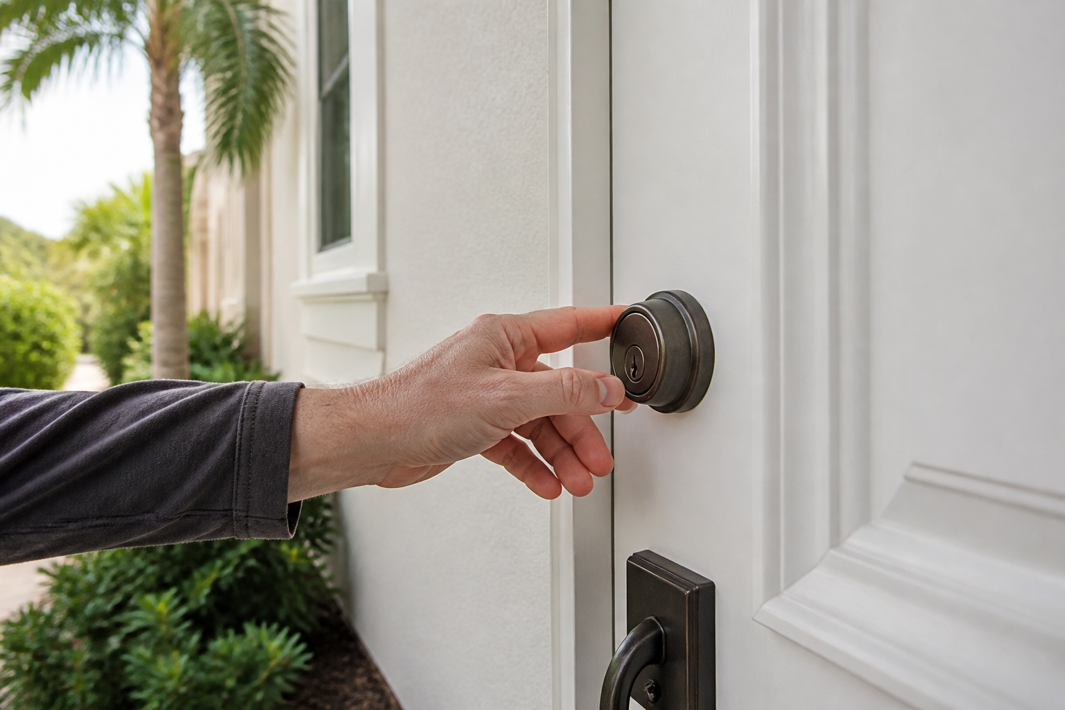 Inspector Checking Lock on Florida Home Door